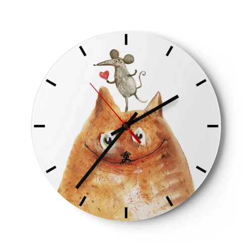 Wall clock - Clock on glass - Illustration of a cat and mouse with a heart in a humorous style - 30x30cm - Love Paradoxes - Modern wall decoration for the living room, kitchen, and bedroom ARTTOR