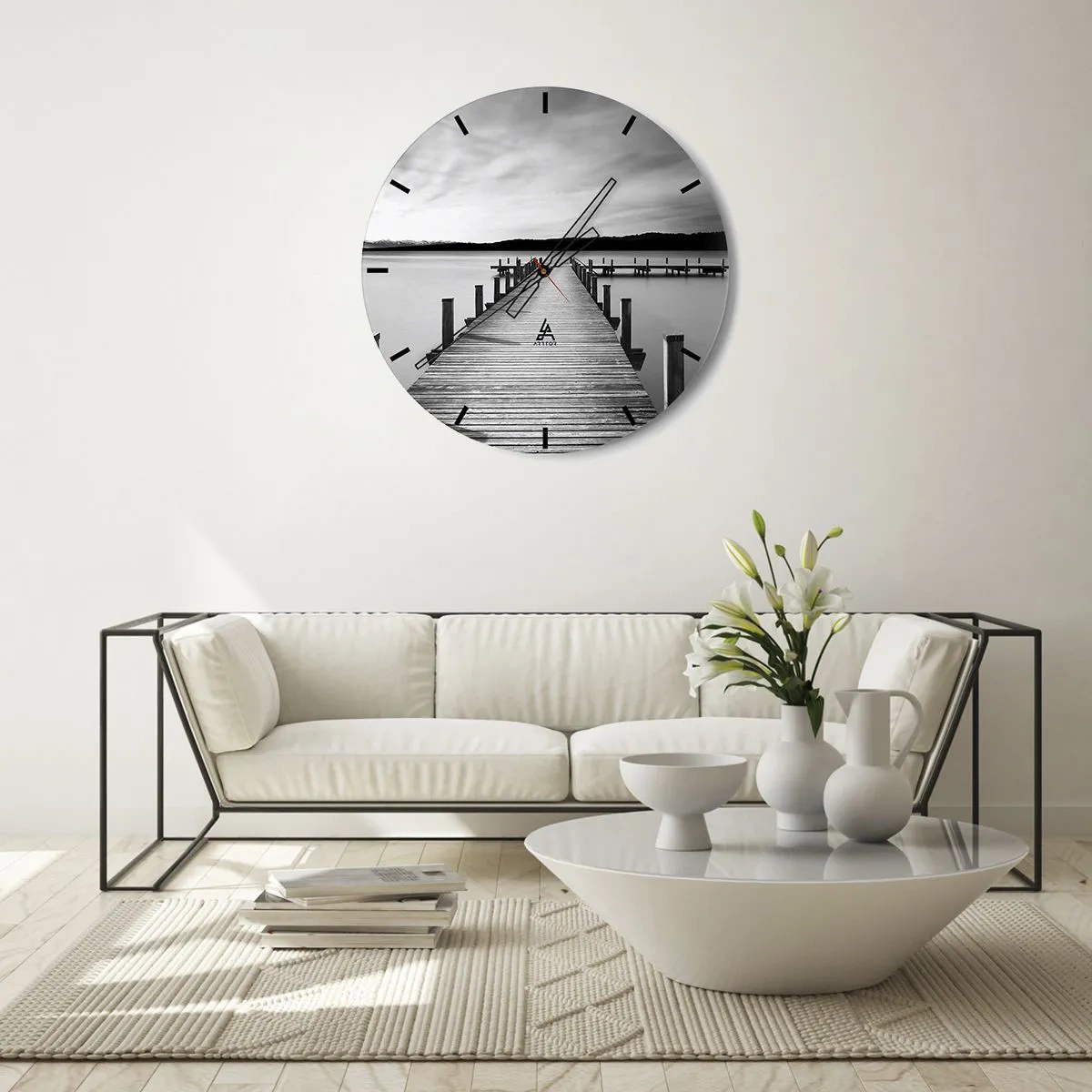 Wall clock - Clock on glass - A wooden pier leading into the depths of a tranquil lake - 30x30cm - Lake of Peace - Modern wall decoration for the living room, kitchen, and bedroom ARTTOR