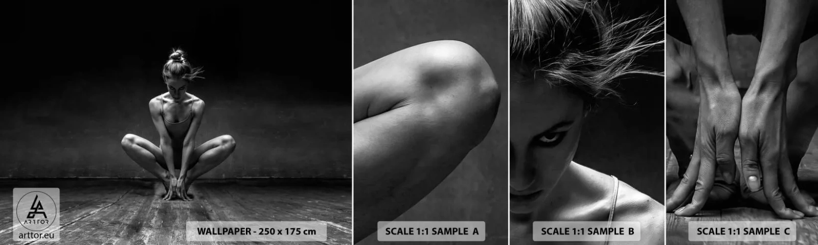 Photo Wallpaper Sample Standard Eco - Concentration of Dancing Energy - Dancer, Woman, Black and white - 100x30 cm