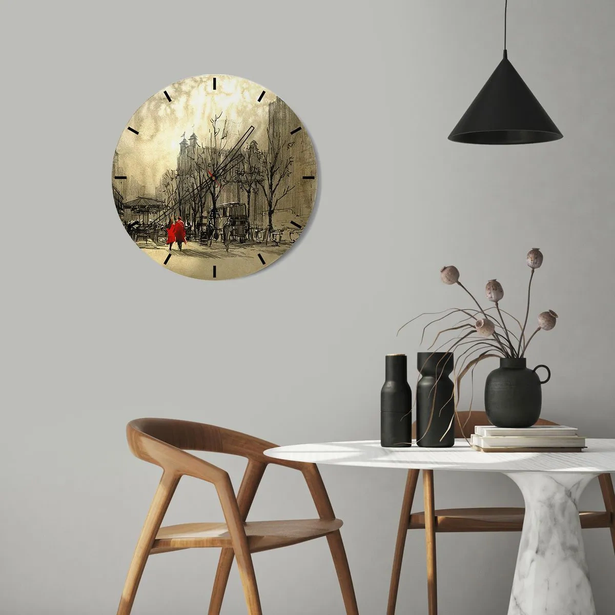 Wall clock - Clock on glass - A cartoon street motif with two figures - 30x30cm - A Date in London Fog - Modern wall decoration for the living room, kitchen, and bedroom ARTTOR