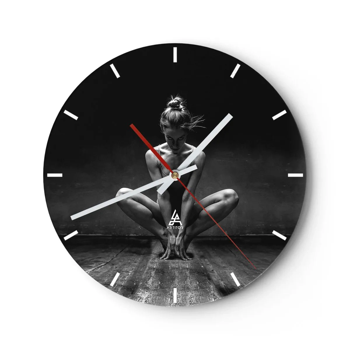 Wall clock - Clock on glass - Black and white portrait of a dancer in a dynamic pose - 30x30cm - Concentration of Dancing Energy - Modern wall decoration for the living room, kitchen, and bedroom ARTTOR
