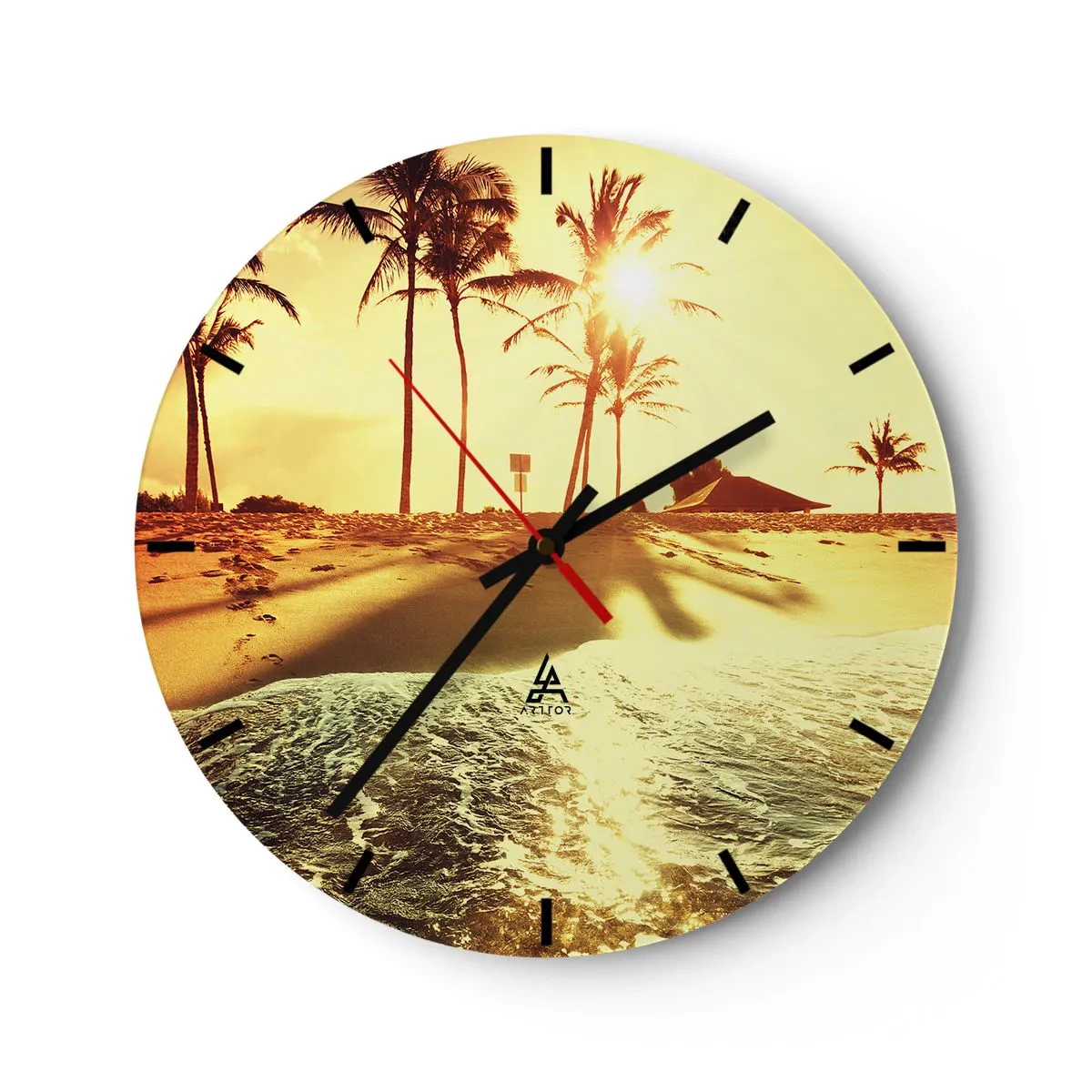 Wall clock - Clock on glass - A clock face with a beach motif in the light of the setting sun - 30x30cm - Californian Afternoon - Modern wall decoration for the living room, kitchen, and bedroom ARTTOR