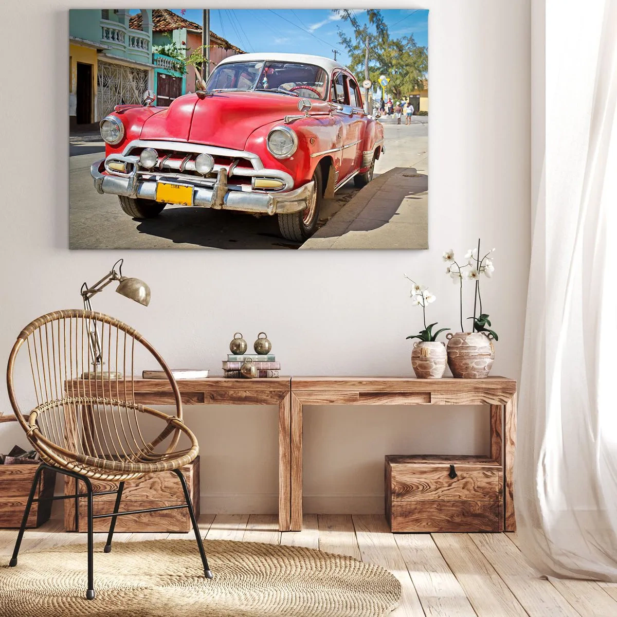 Canvas picture - A red classic car parked on the street on a sunny day - 70x50cm - Only in Cuba - Modern wall decoration for the living room and bedroom ARTTOR