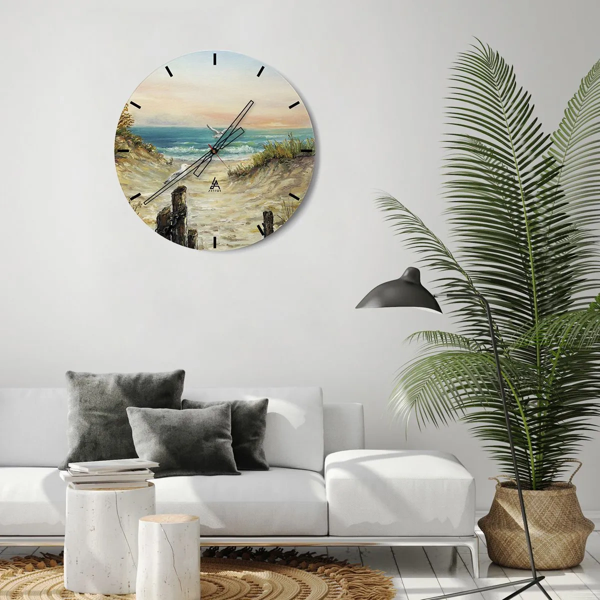 Wall clock - Clock on glass - Seagulls over the seashore at sunset - 30x30cm - Airless Retreat - Modern wall decoration for the living room, kitchen, and bedroom ARTTOR