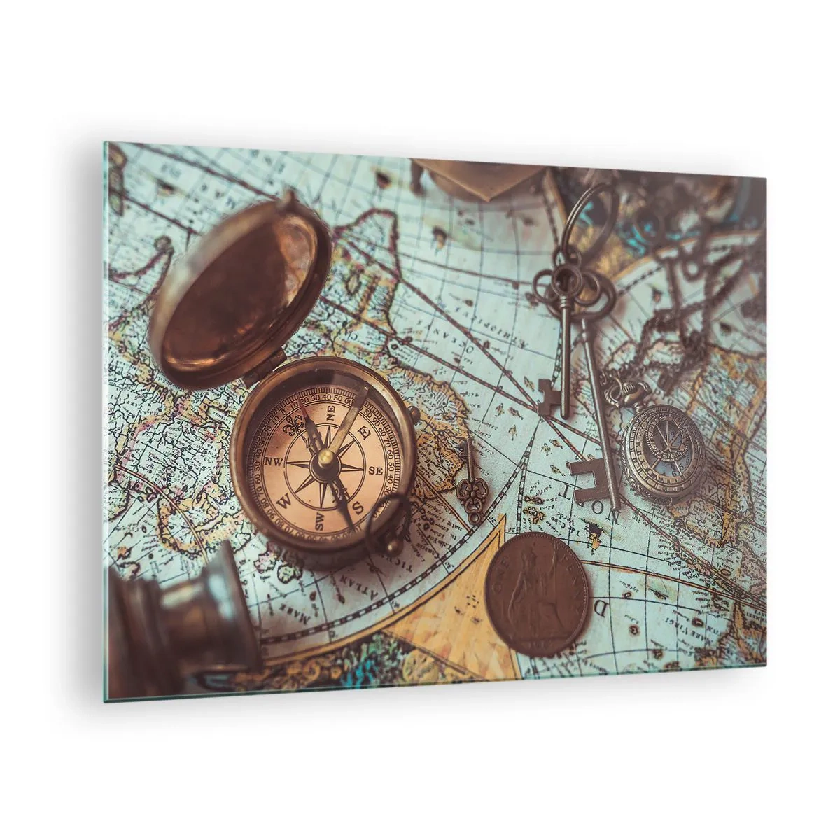 Glass picture - An antique compass against a background of a map and antique keys. - 70x50cm - For Adventurers - Modern wall decoration for the living room and bedroom ARTTOR
