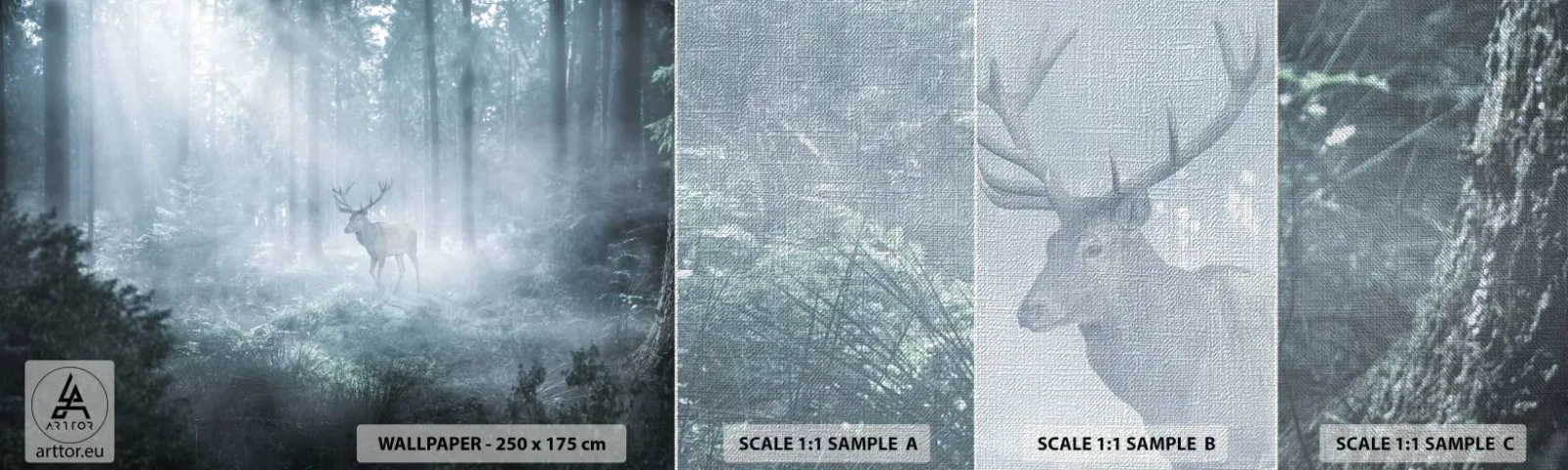 Photo Wallpaper Sample Premium Canvas - Morning Round of the Estate - Landscape, Forest, Deer - 100x30 cm