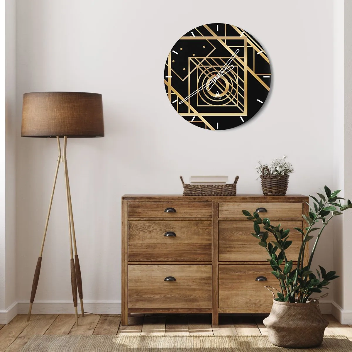Wall clock - Clock on glass - Golden geometric pattern on a black background - 30x30cm - Golden Geometry - Modern wall decoration for the living room, kitchen, and bedroom ARTTOR