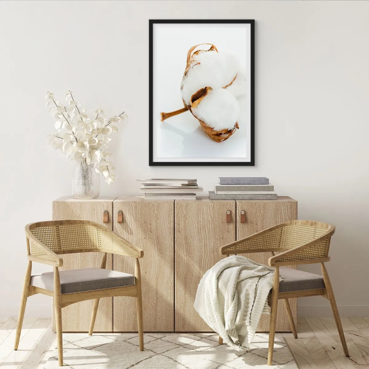 Poster in black frame - A close-up of a cotton branch with delicate white fibers. - 50x70cm - Soft By Nature - Modern wall decoration for the living room and bedroom ARTTOR