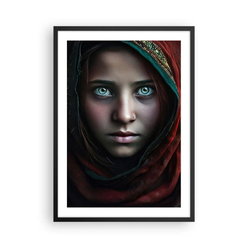 Poster in black frame - Portrait of a girl in a red shawl with hypnotizing eyes - 50x70cm - Eastern Princess - Modern wall decoration for the living room and bedroom ARTTOR
