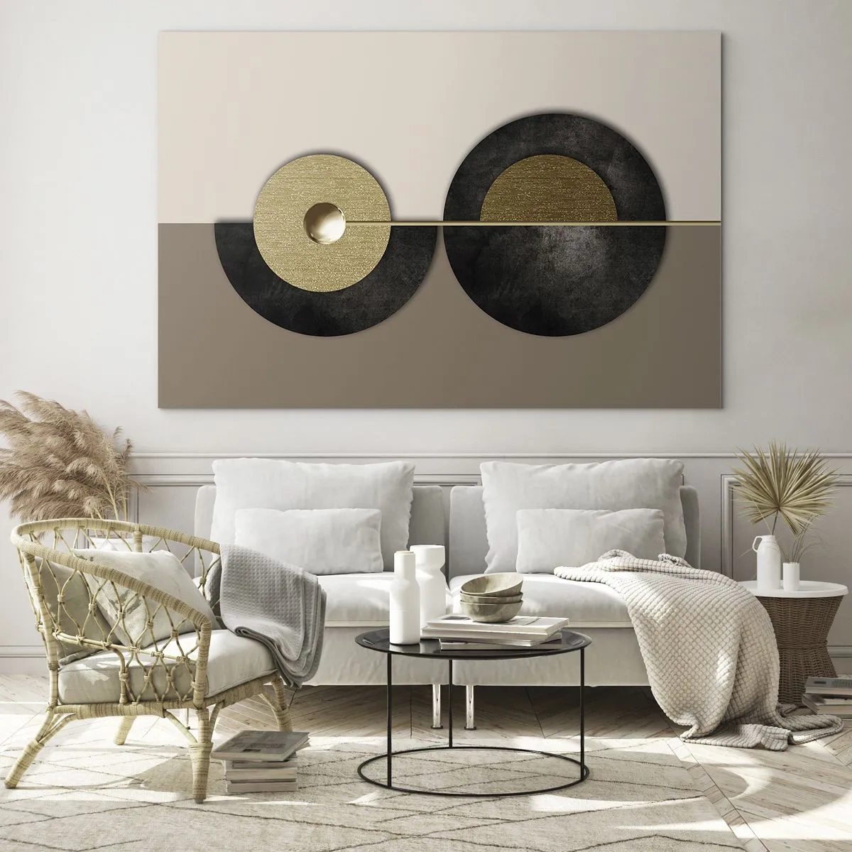 Glass picture - Geometric circles in gold and black on a beige background - 70x50cm - Variations on Wheel - Modern wall decoration for the living room and bedroom ARTTOR