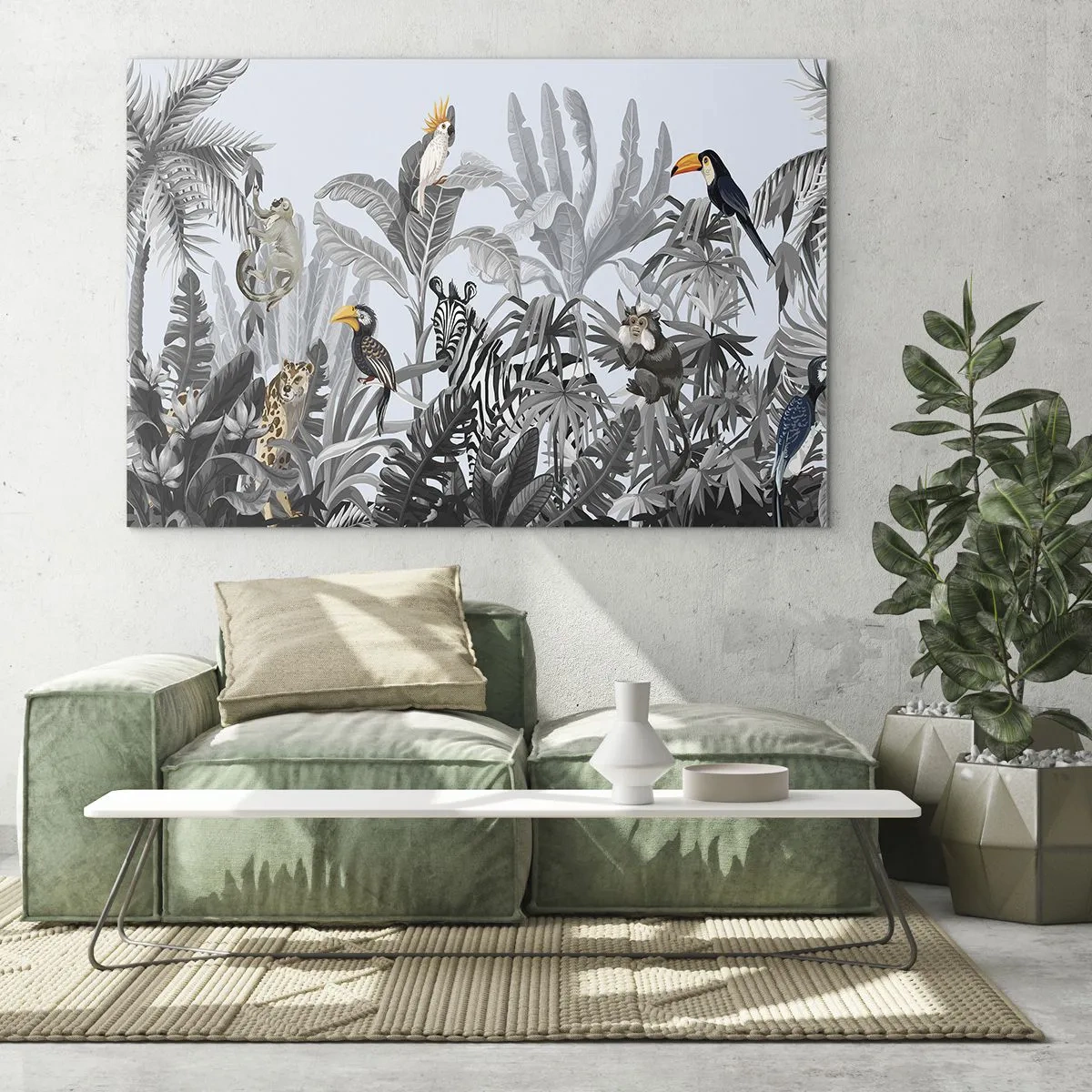 Glass picture - Exotic animals in a black and white jungle on a light background - 70x50cm - African Fairy Tale - Modern wall decoration for the living room and bedroom ARTTOR