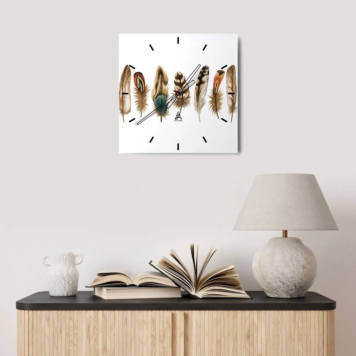 Wall clock - Clock on glass - Feather Variation - 40x40 cm