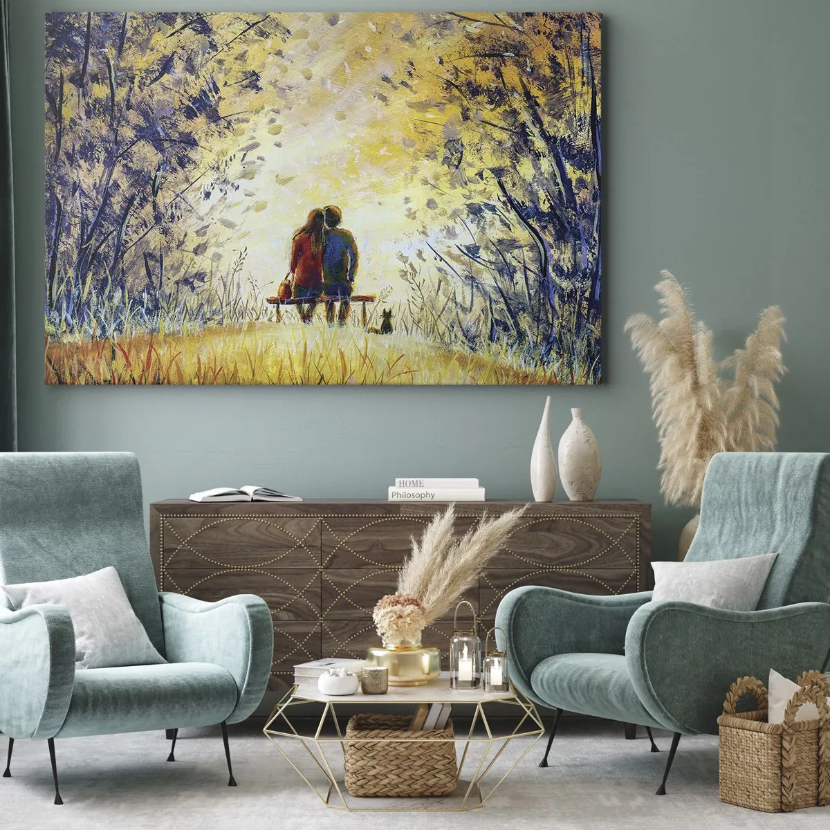 Canvas picture - A couple sitting on a bench among autumn trees in the sunlight - 70x50cm - Magical Moment - Modern wall decoration for the living room and bedroom ARTTOR