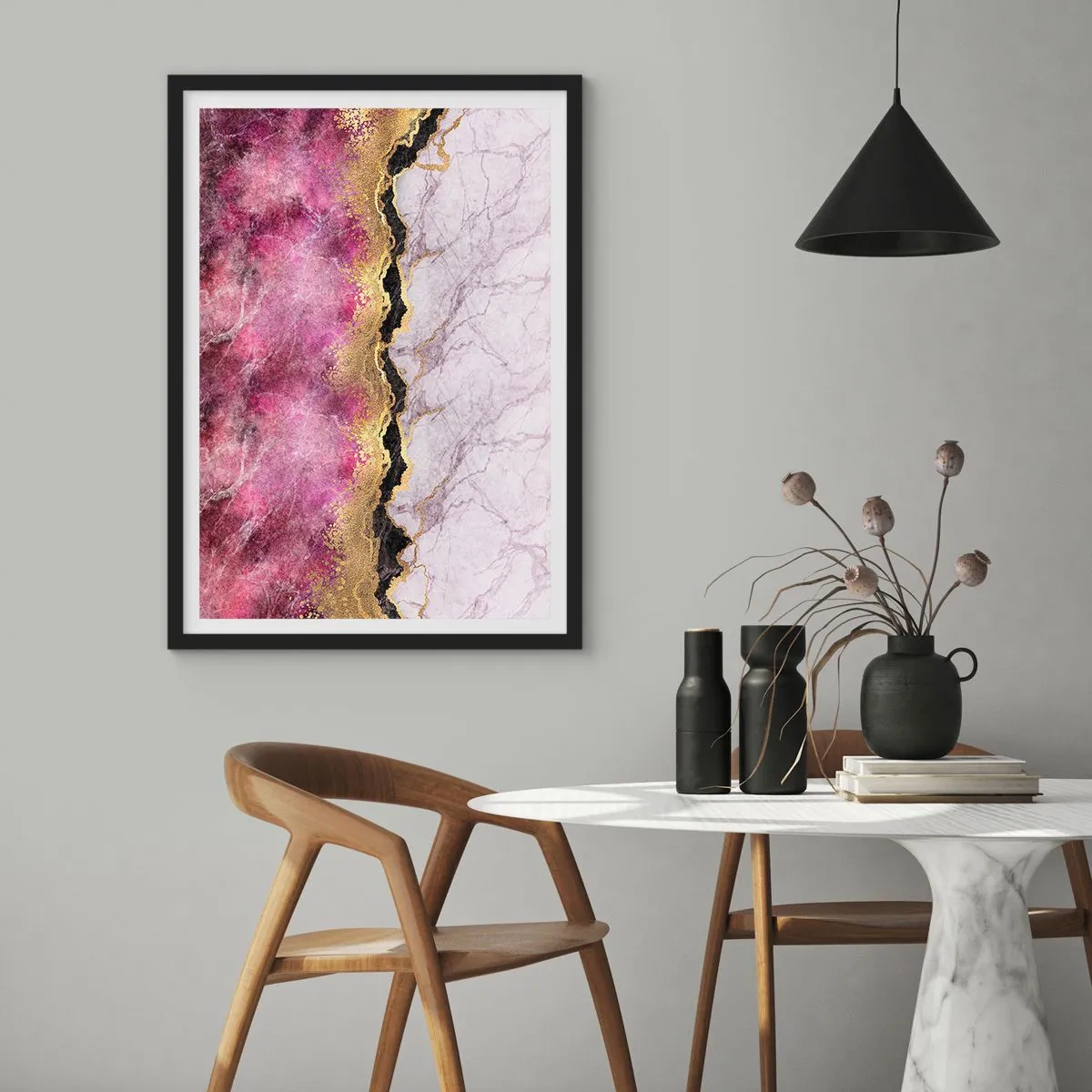 Poster in black frame - Abstraction with a marble pattern and gold accents - 50x70cm - On the Border - Modern wall decoration for the living room and bedroom ARTTOR