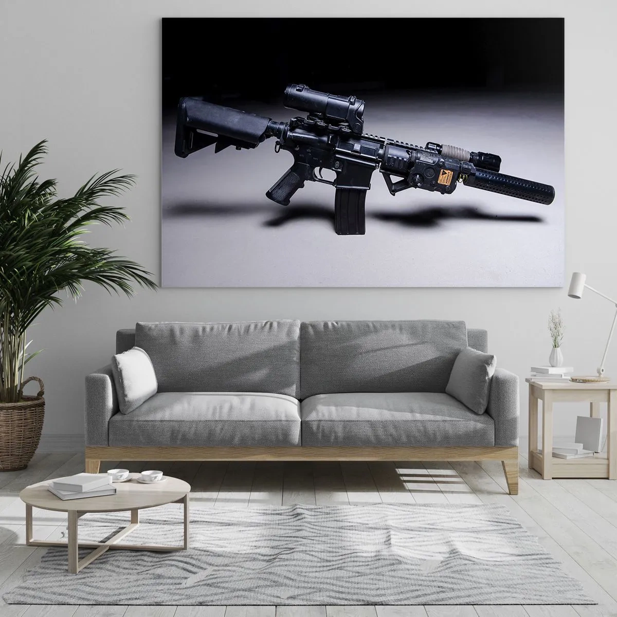 Glass picture - A black assault rifle with accessories lying on a light background - 70x50cm - Dark Knight - Modern wall decoration for the living room and bedroom ARTTOR