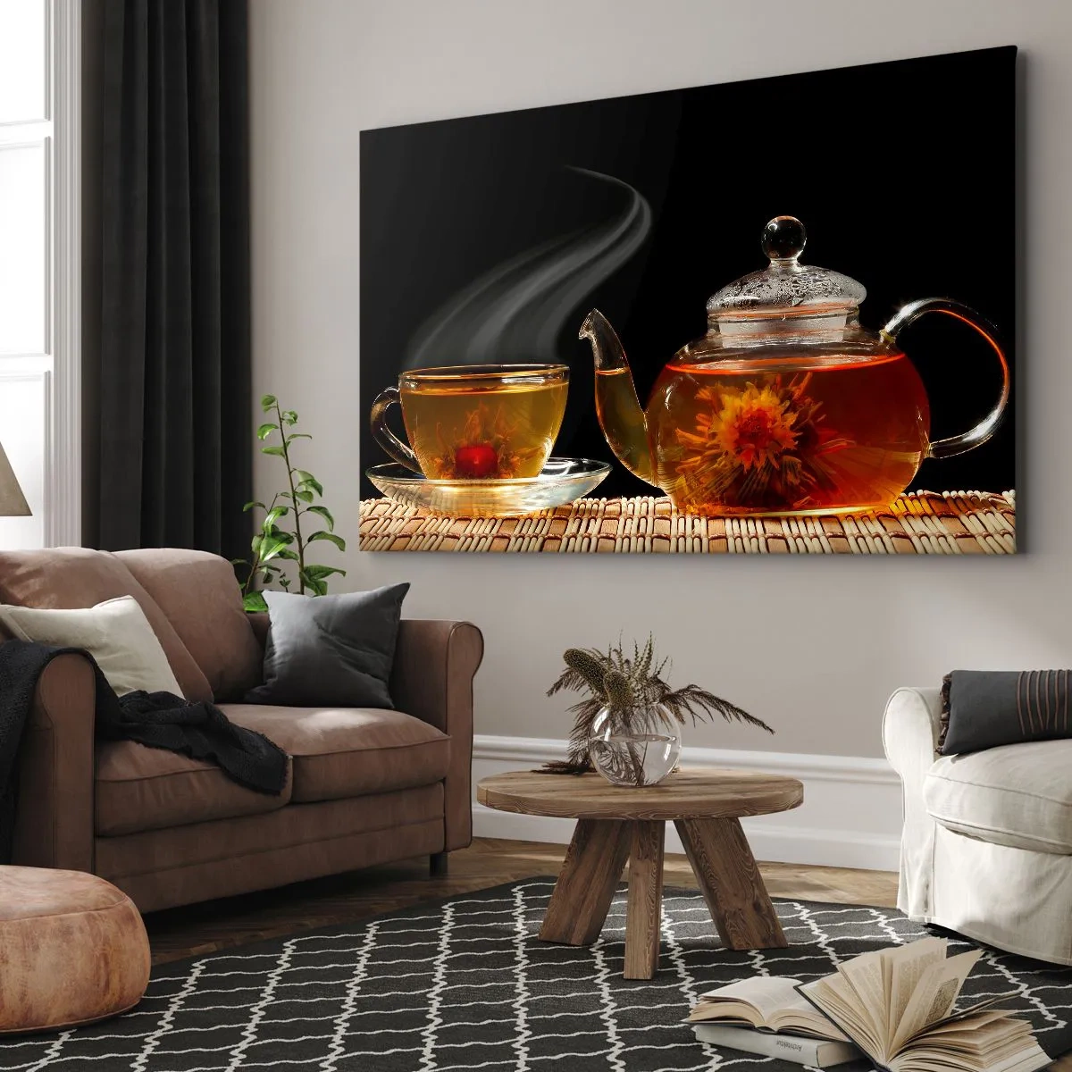 Canvas picture - Glass teapot with flower tea and a cup - 70x50cm - Magic and Art of Tea Making - Modern wall decoration for the living room and bedroom ARTTOR