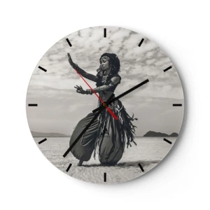 Wall clock - Clock on glass - Black and white photograph of a woman dancing on the beach - 30x30cm - Dance of Southern Islands - Modern wall decoration for the living room, kitchen, and bedroom ARTTOR