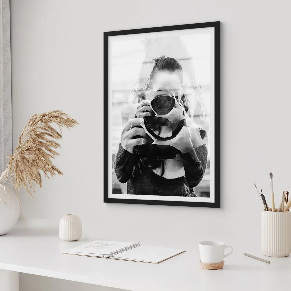 Poster in black frame - Double exposure of photographer and camera in black and white - 50x70cm - Creator and the Creation - Modern wall decoration for the living room and bedroom ARTTOR