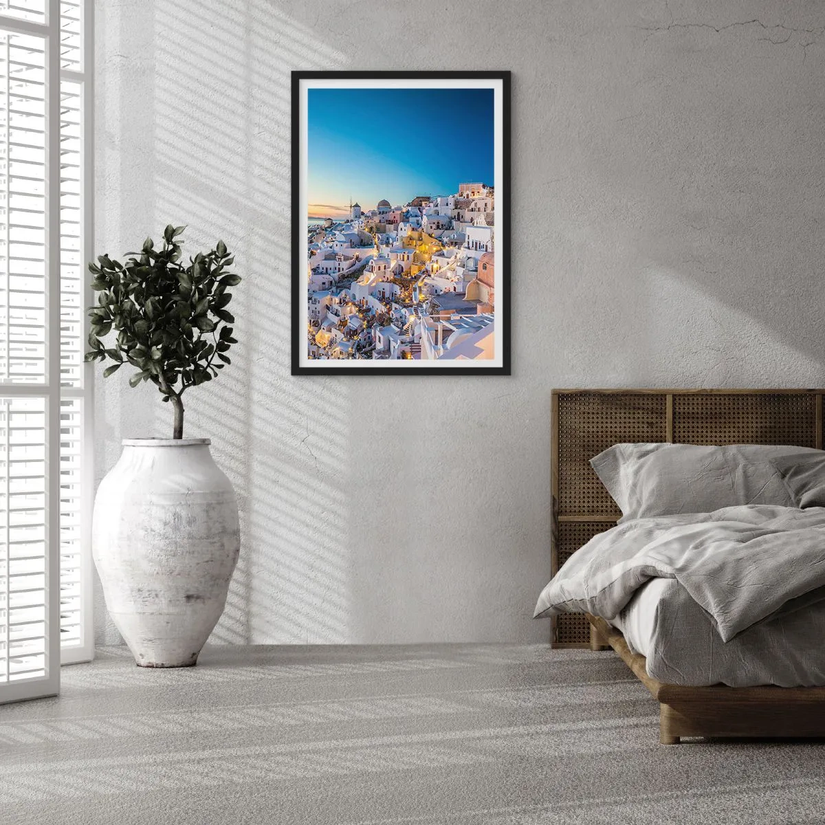Poster in black frame - View of the illuminated houses in Santorini at sunset - 50x70cm - Essence of Greekness - Modern wall decoration for the living room and bedroom ARTTOR