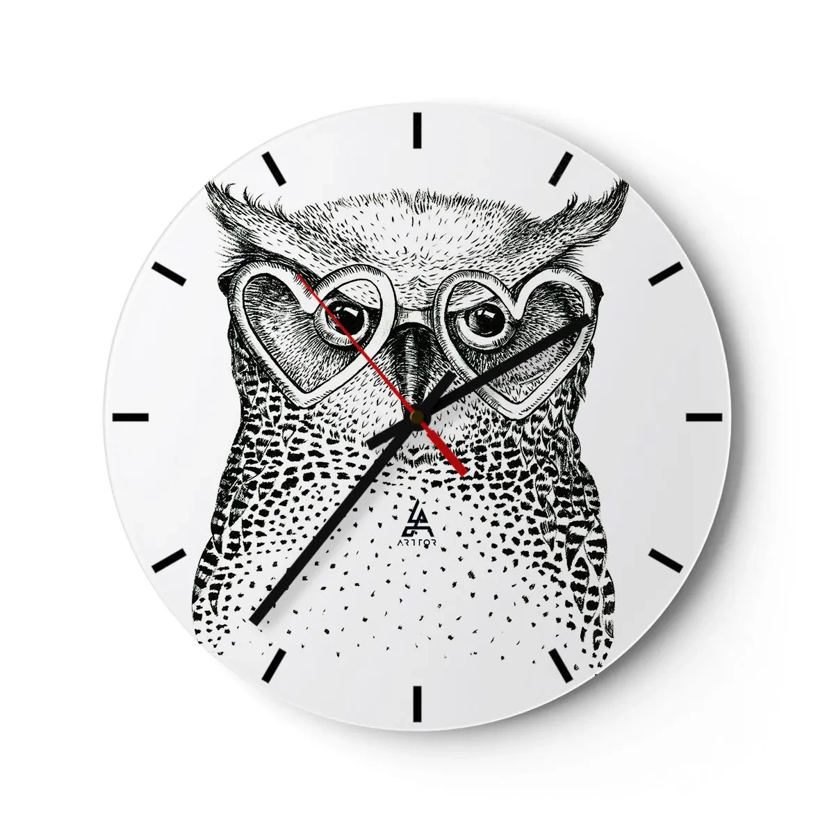 Wall clock - Clock on glass - Owl with heart-shaped glasses on a white background - 30x30cm - Wise And With Love - Modern wall decoration for the living room, kitchen, and bedroom ARTTOR