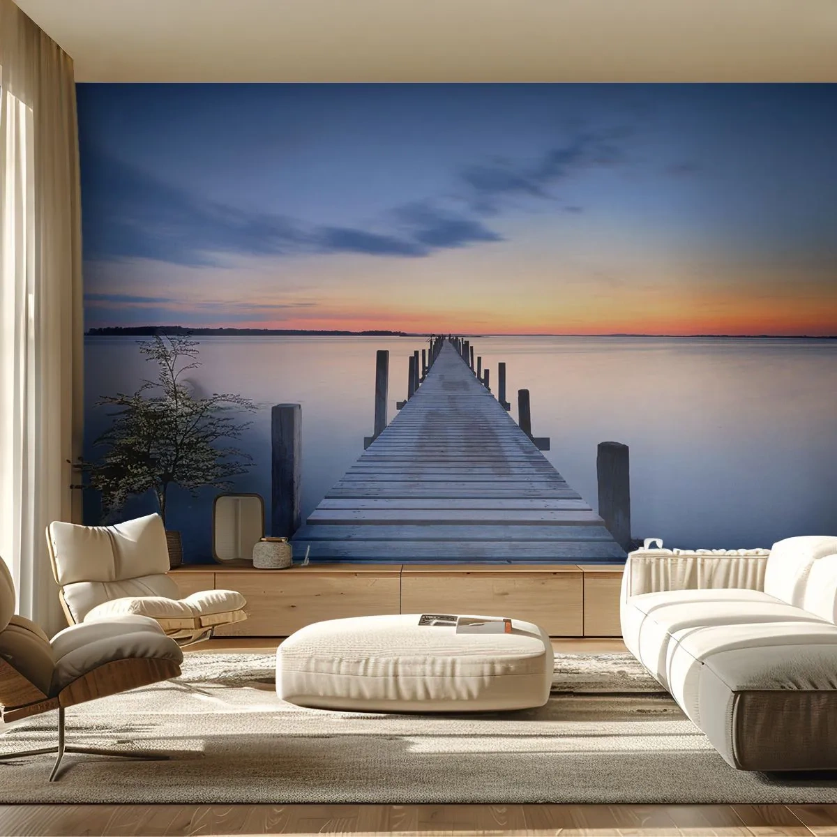 Self-Adhesive Photo Wallpaper Deluxe Sticker - Calm of a Quiet Dusk - Landscape, Bay, Wooden Bridge - 250x175 cm