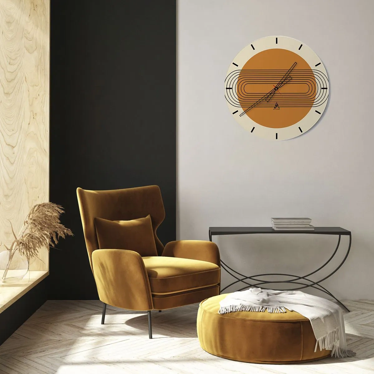 Wall clock - Clock on glass - Geometric composition in shades of beige and orange - 30x30cm - Perfect Plan - Modern wall decoration for the living room, kitchen, and bedroom ARTTOR