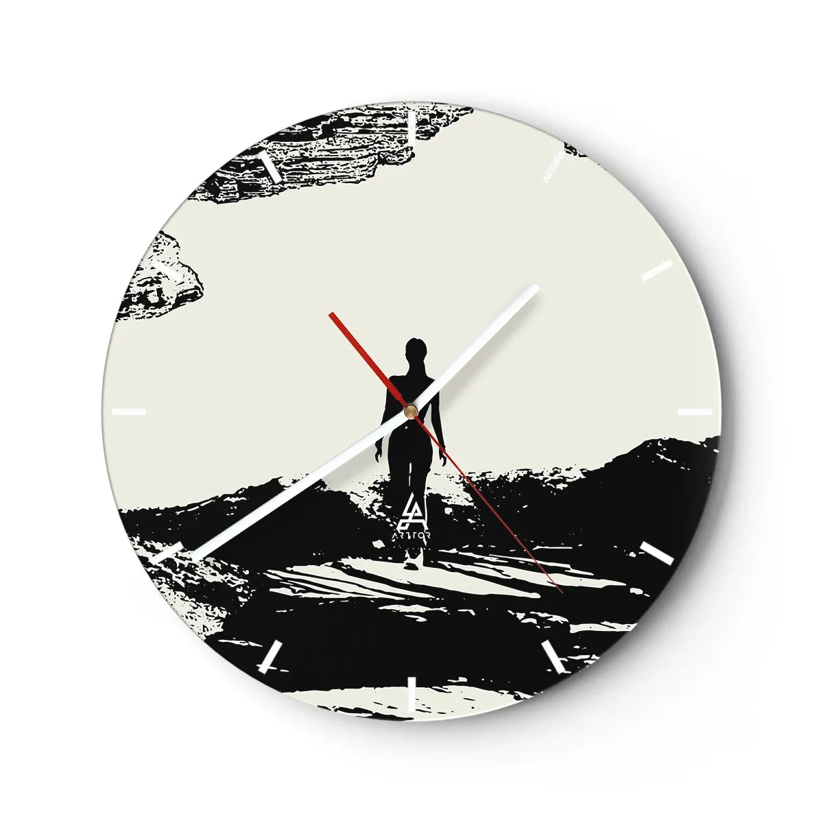 Wall clock - Clock on glass - Black and white silhouette of a woman against a rocky landscape - 30x30cm - New Look - Modern wall decoration for the living room, kitchen, and bedroom ARTTOR