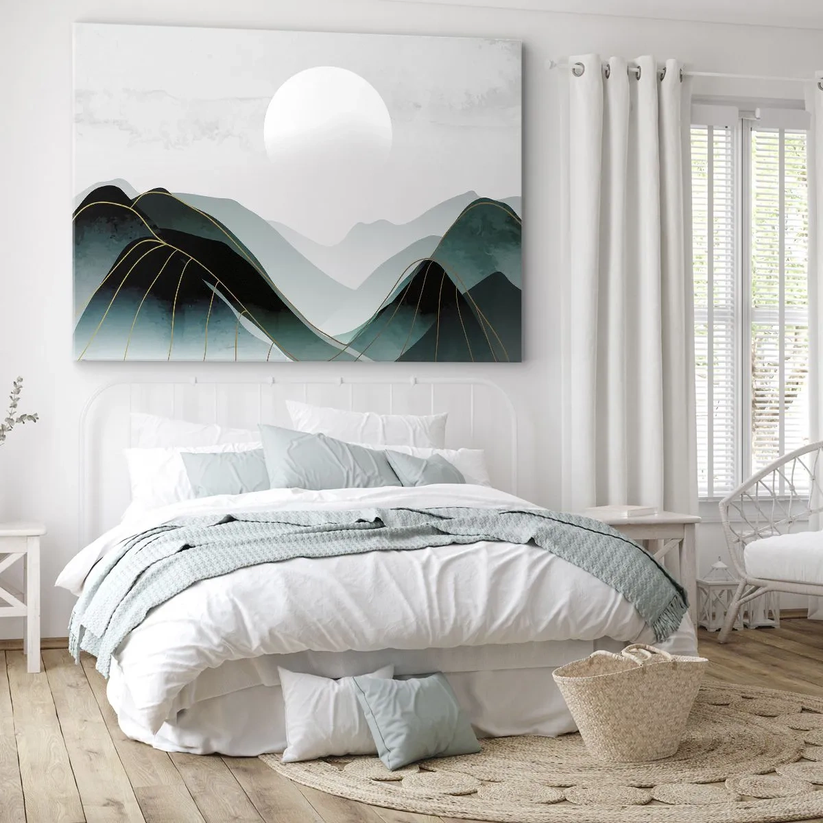 Canvas picture - Abstract mountain landscape with the moon and golden lines - 70x50cm - In Full Majesty - Modern wall decoration for the living room and bedroom ARTTOR
