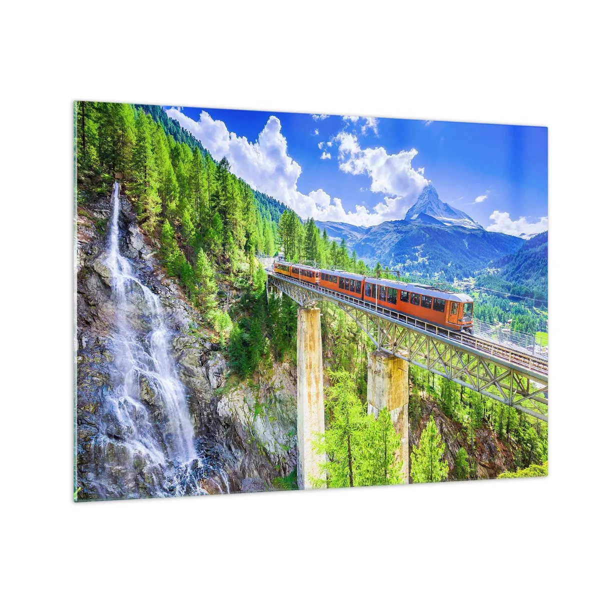 Glass picture - Alpine train on a bridge overlooking a waterfall - 70x50cm - Train Through the Alps - Modern wall decoration for the living room and bedroom ARTTOR