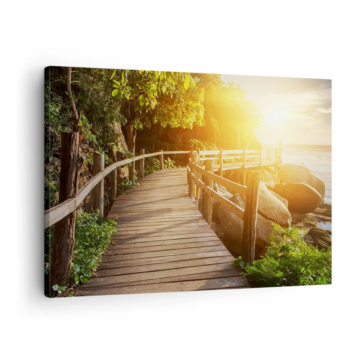 Canvas picture - A wooden bridge among greenery leading to the sea in the rays of the sun - 70x50cm - Another Bend, New Wonders - Modern wall decoration for the living room and bedroom ARTTOR