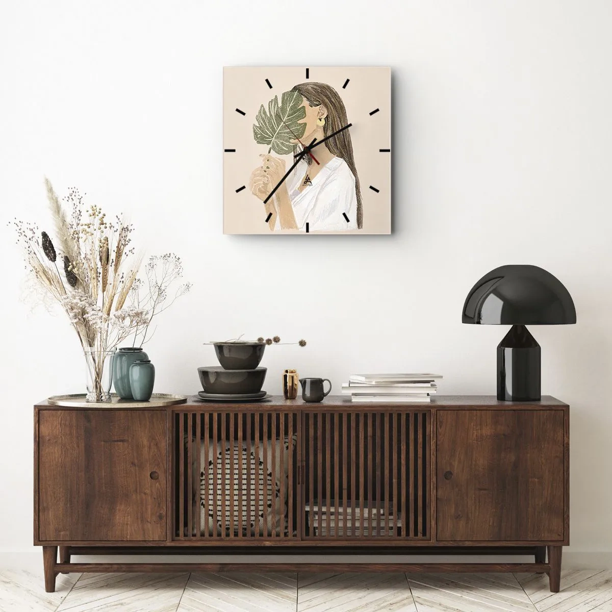 Wall clock - Clock on glass - Mysterious Portrait with a Fan - 40x40 cm