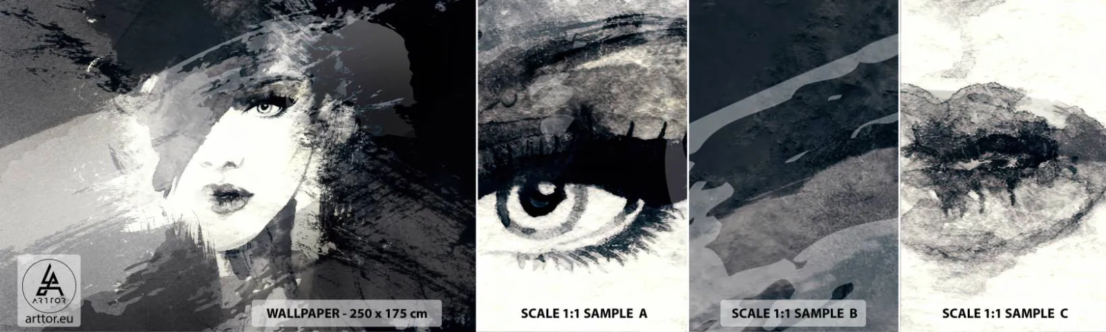 Photo Wallpaper Sample Standard Eco - From Behind Grey Voile - Woman's Face, Black and white, Eyes - 100x30 cm