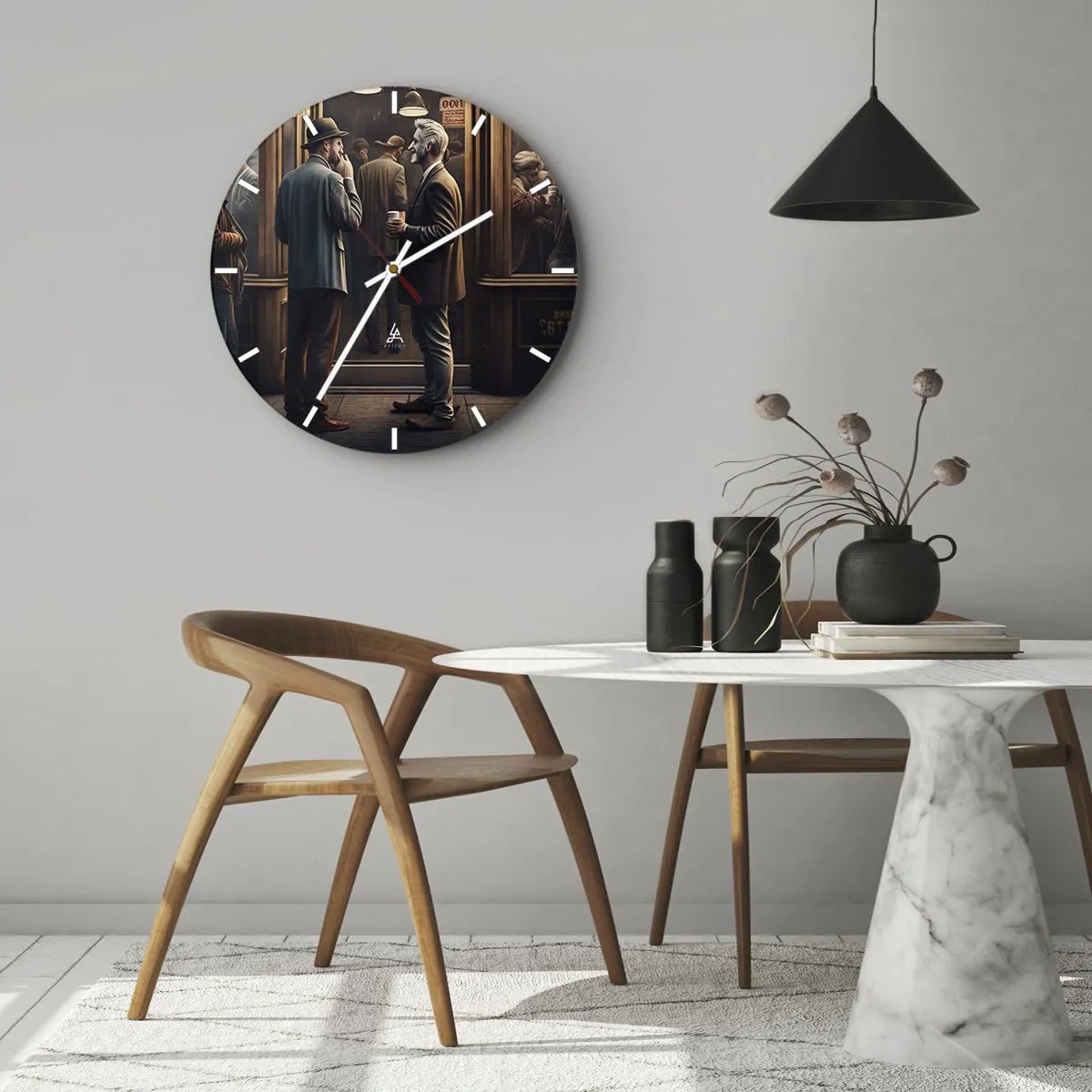 Wall clock - Clock on glass - Two men chatting over coffee in front of a cafe - 30x30cm - Good Time of the Day - Modern wall decoration for the living room, kitchen, and bedroom ARTTOR