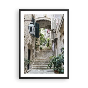 Poster in black frame - A picturesque stone street with stairs and vegetation - 50x70cm - Charming Alley - Modern wall decoration for the living room and bedroom ARTTOR