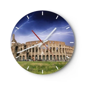 Wall clock - Clock on glass - The Colosseum illuminated by lightning against a dark sky - 30x30cm - Battle Arena - Modern wall decoration for the living room, kitchen, and bedroom ARTTOR