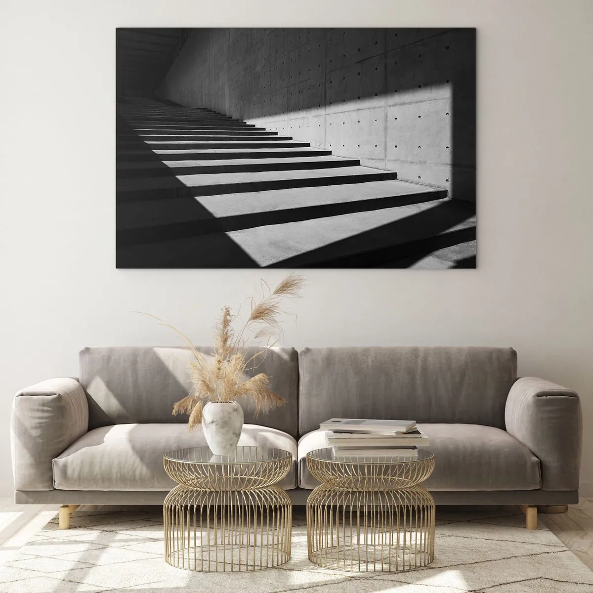 Glass picture - Concrete stairs in sharp light and shadow in a modern style - 70x50cm - Raw Beauty of Modernism - Modern wall decoration for the living room and bedroom ARTTOR
