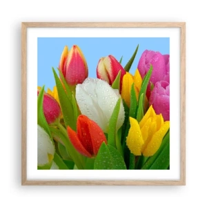 Poster in light oak frame - Floral Rainbow in Dew Drops - 50x50 cm