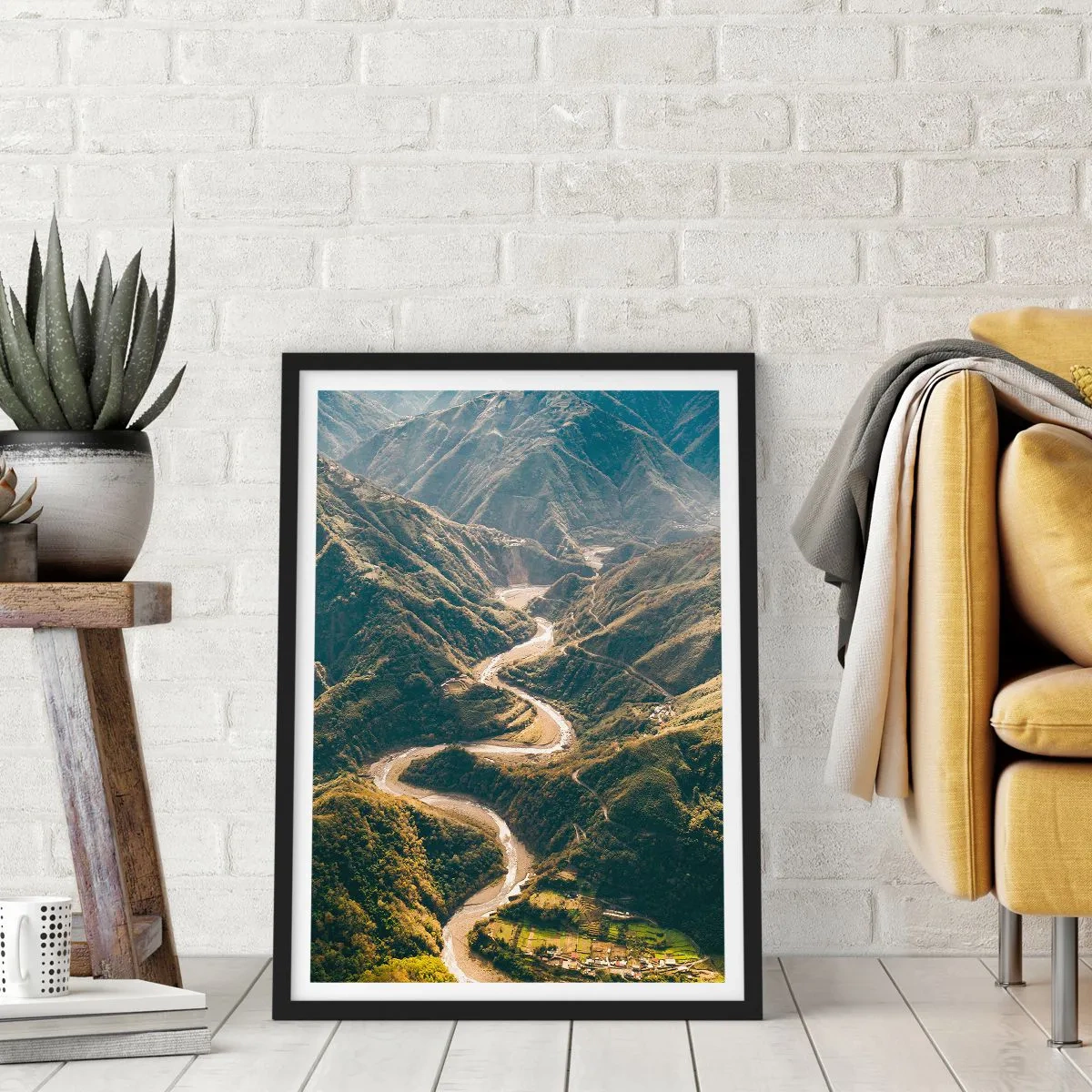 Poster in black frame - A picturesque view of the river winding through mountain valleys - 50x70cm - Straight from the Heart of the Mountains - Modern wall decoration for the living room and bedroom ARTTOR
