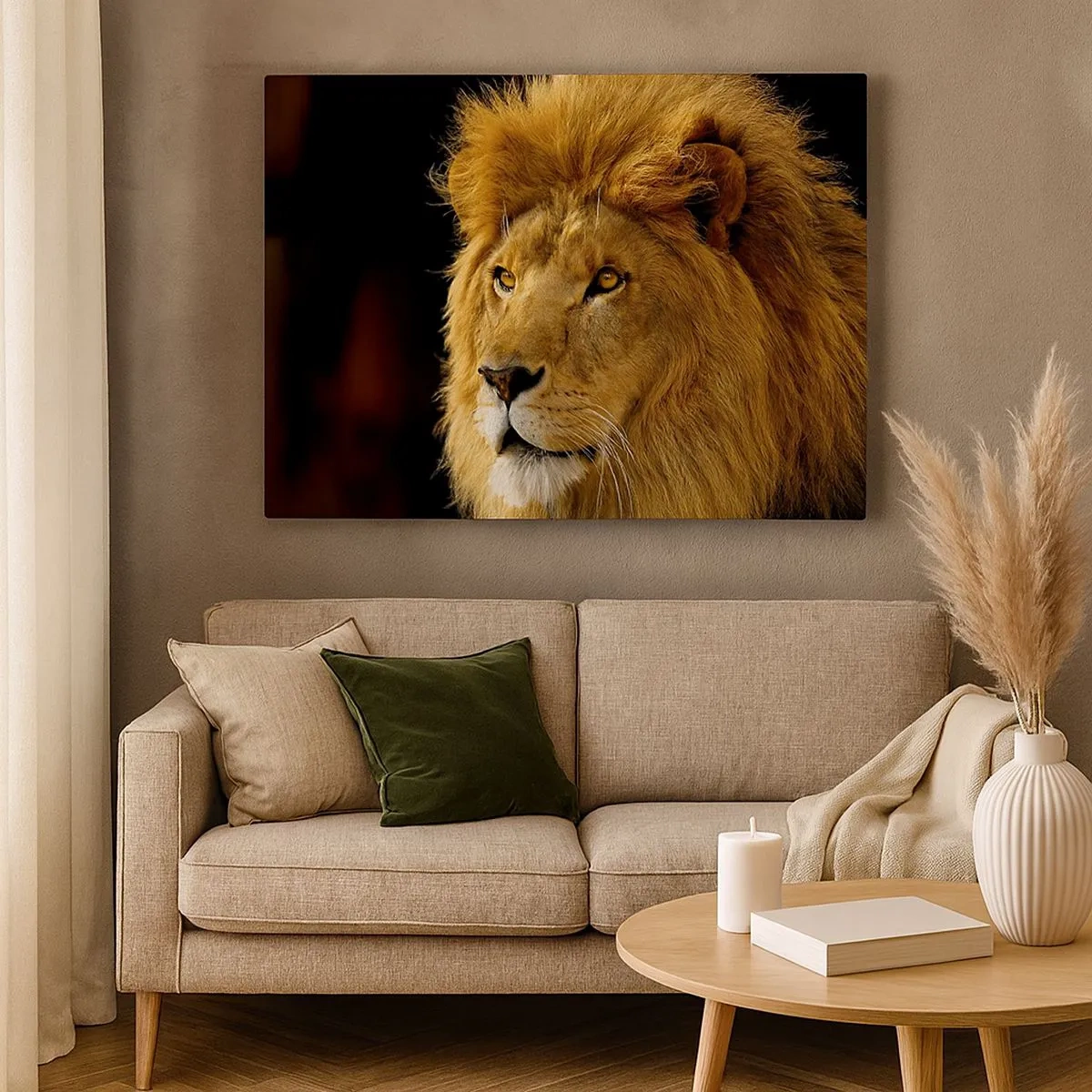 Canvas picture - Portrait of a lion with a majestic mane against a dark background - 70x50cm - Portrait of a King - Modern wall decoration for the living room and bedroom ARTTOR