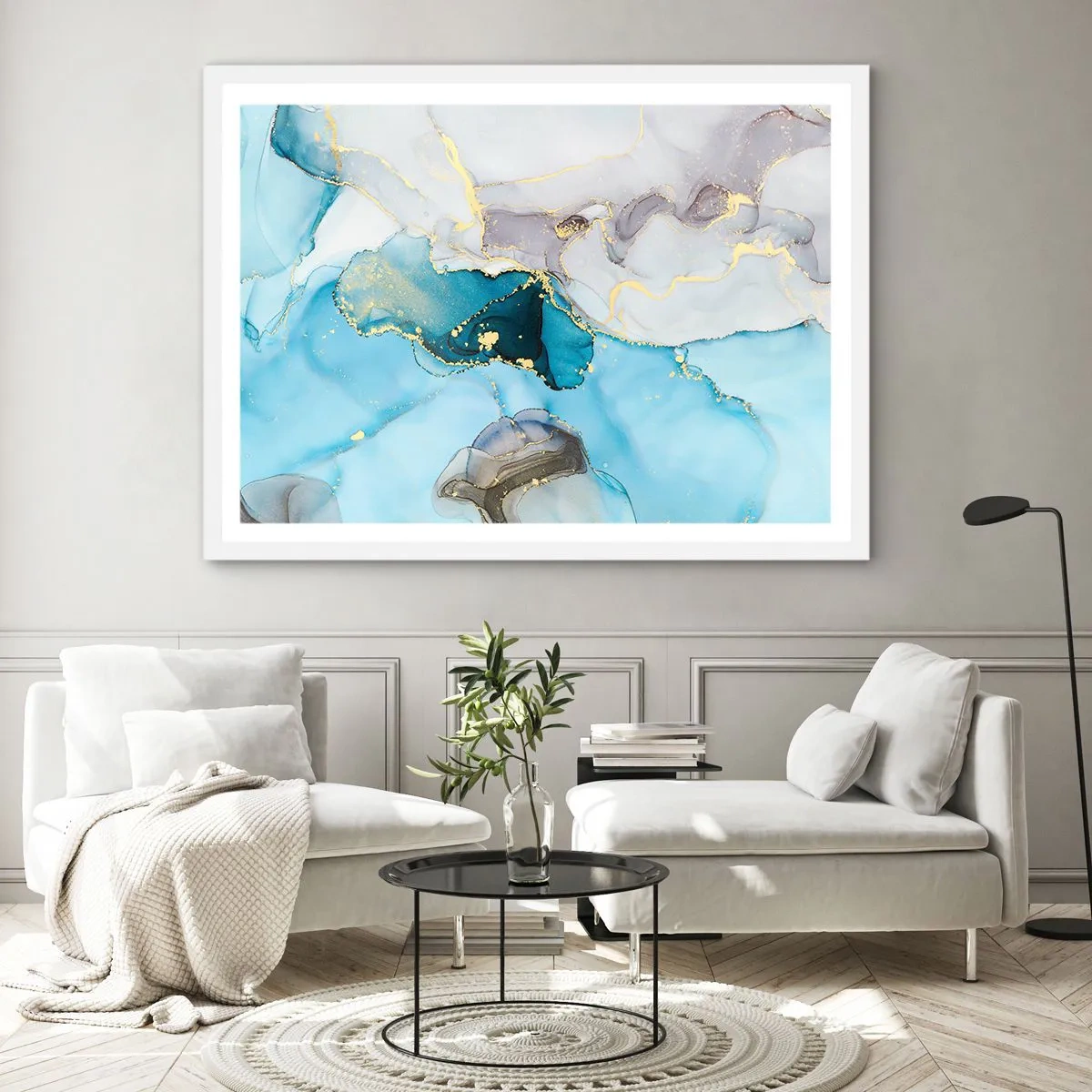 Poster in white frmae - Study in Grey and Turquoise Encounter - 50x40 cm