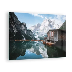 Glass picture - Wooden house and boats on a quiet lake in the mountains - 70x50cm - Crystal, Mountain Morning - Modern wall decoration for the living room and bedroom ARTTOR