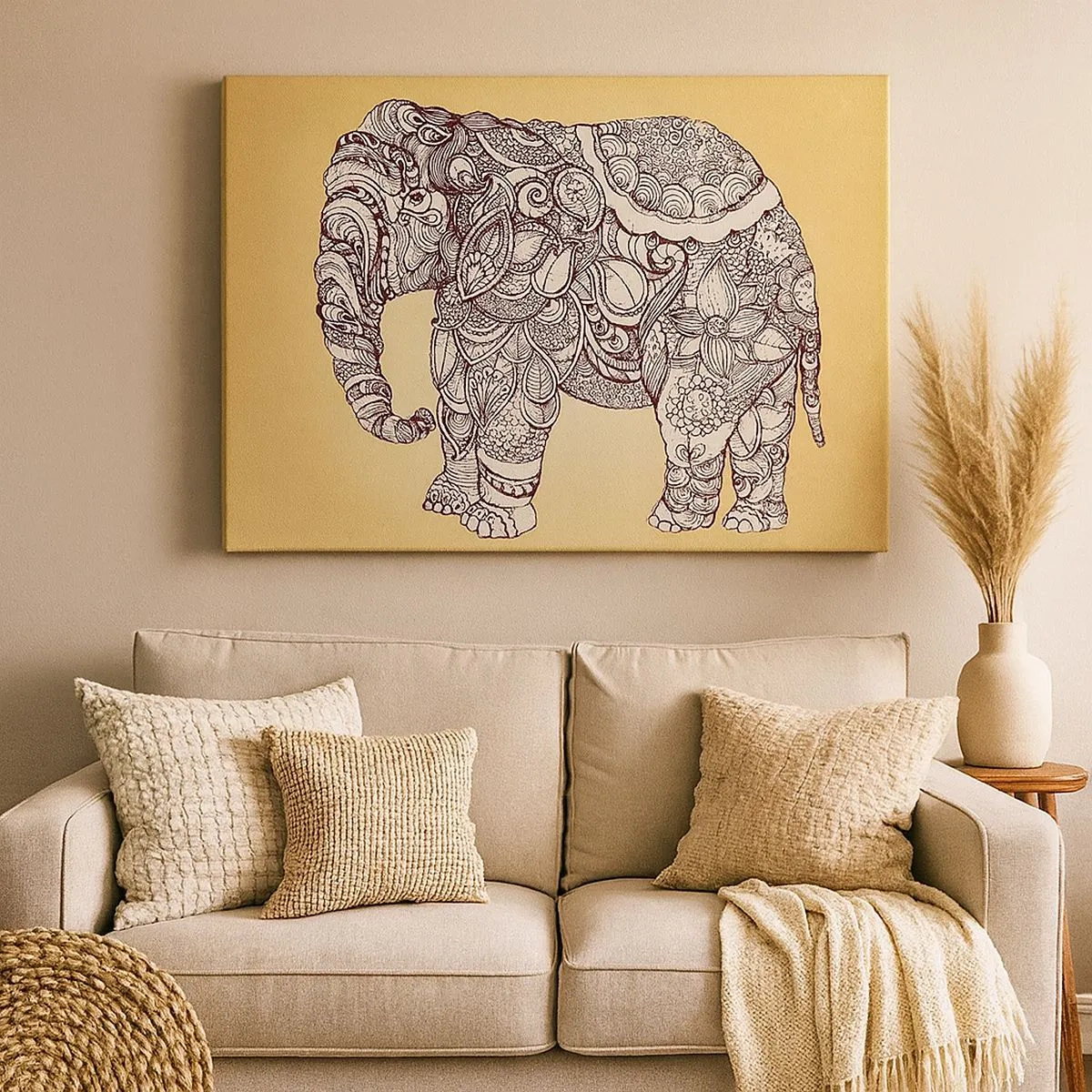 Canvas picture - Hand-drawn elephant with an ornate pattern on a beige background - 70x50cm - Hidden Elephant - Modern wall decoration for the living room and bedroom ARTTOR