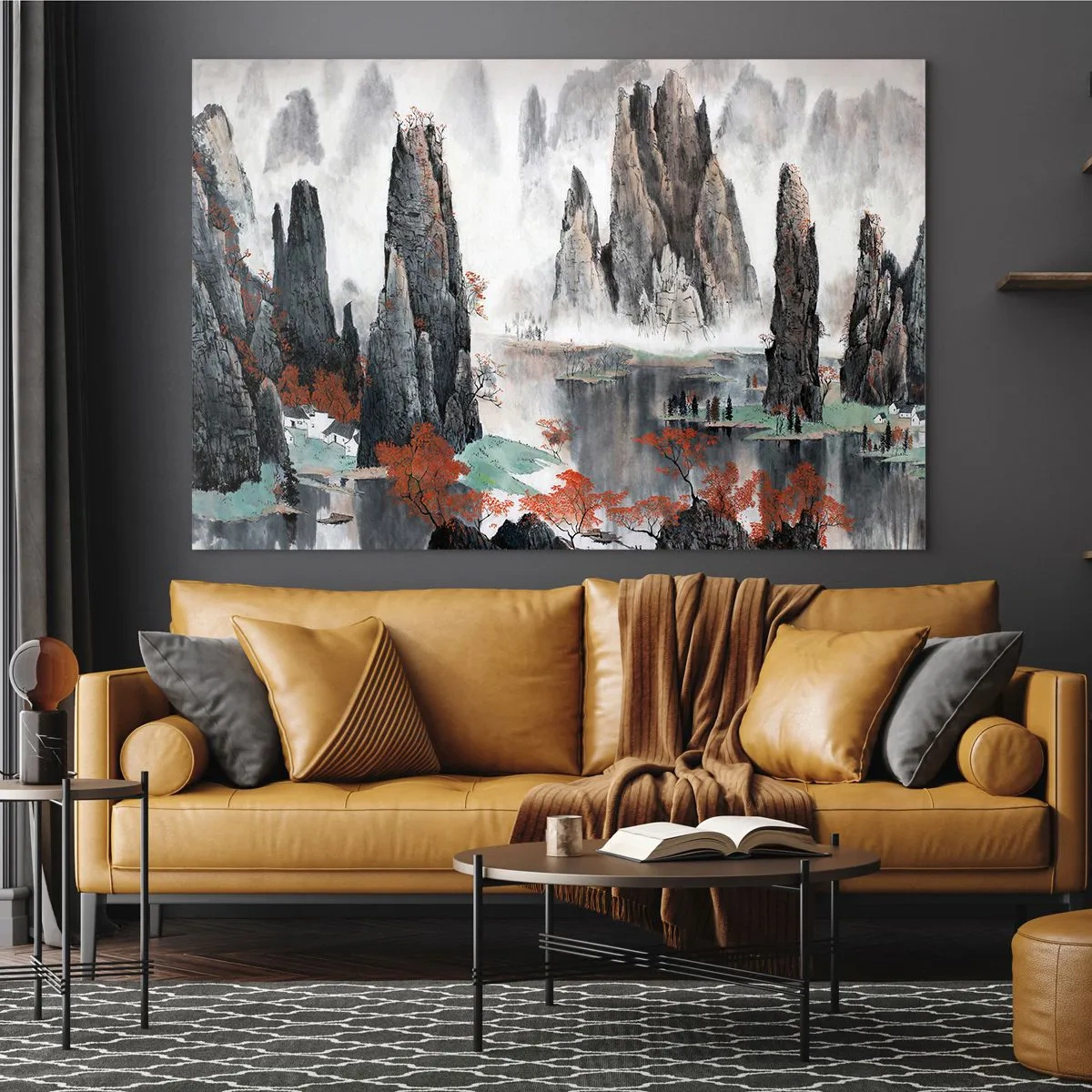 Glass picture - A picturesque mountain landscape with misty peaks and red trees - 70x50cm - Giant Wardens - Modern wall decoration for the living room and bedroom ARTTOR