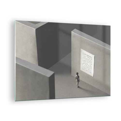 Glass picture - Child in a maze with a riddle symbol - 70x50cm - But Where Am I? - Modern wall decoration for the living room and bedroom ARTTOR