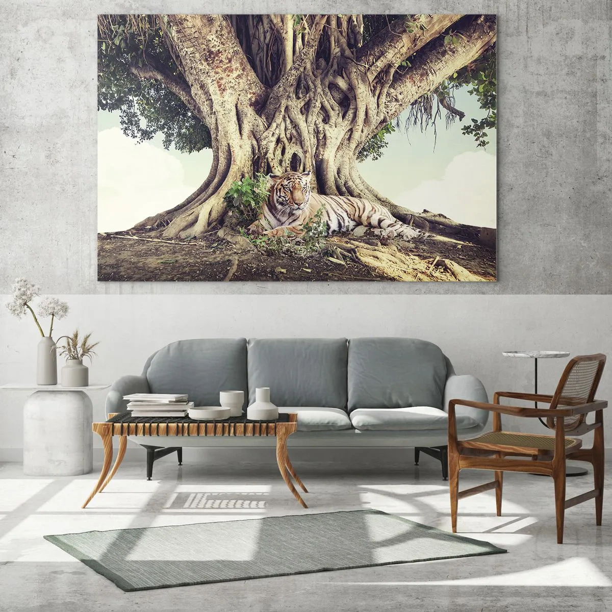 Glass picture - A tiger lying under a spreading tree in the jungle - 70x50cm - View from the Genesis - Modern wall decoration for the living room and bedroom ARTTOR