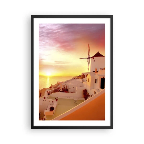 Poster in black frame - A picturesque sunset in a Greek town - 50x70cm - Melting in White and Gold - Modern wall decoration for the living room and bedroom ARTTOR