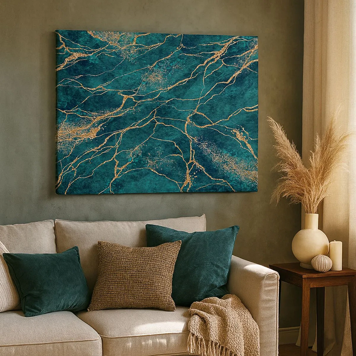 Canvas picture - Textured marble pattern in shades of turquoise and gold - 70x50cm - Gold Vein - Modern wall decoration for the living room and bedroom ARTTOR