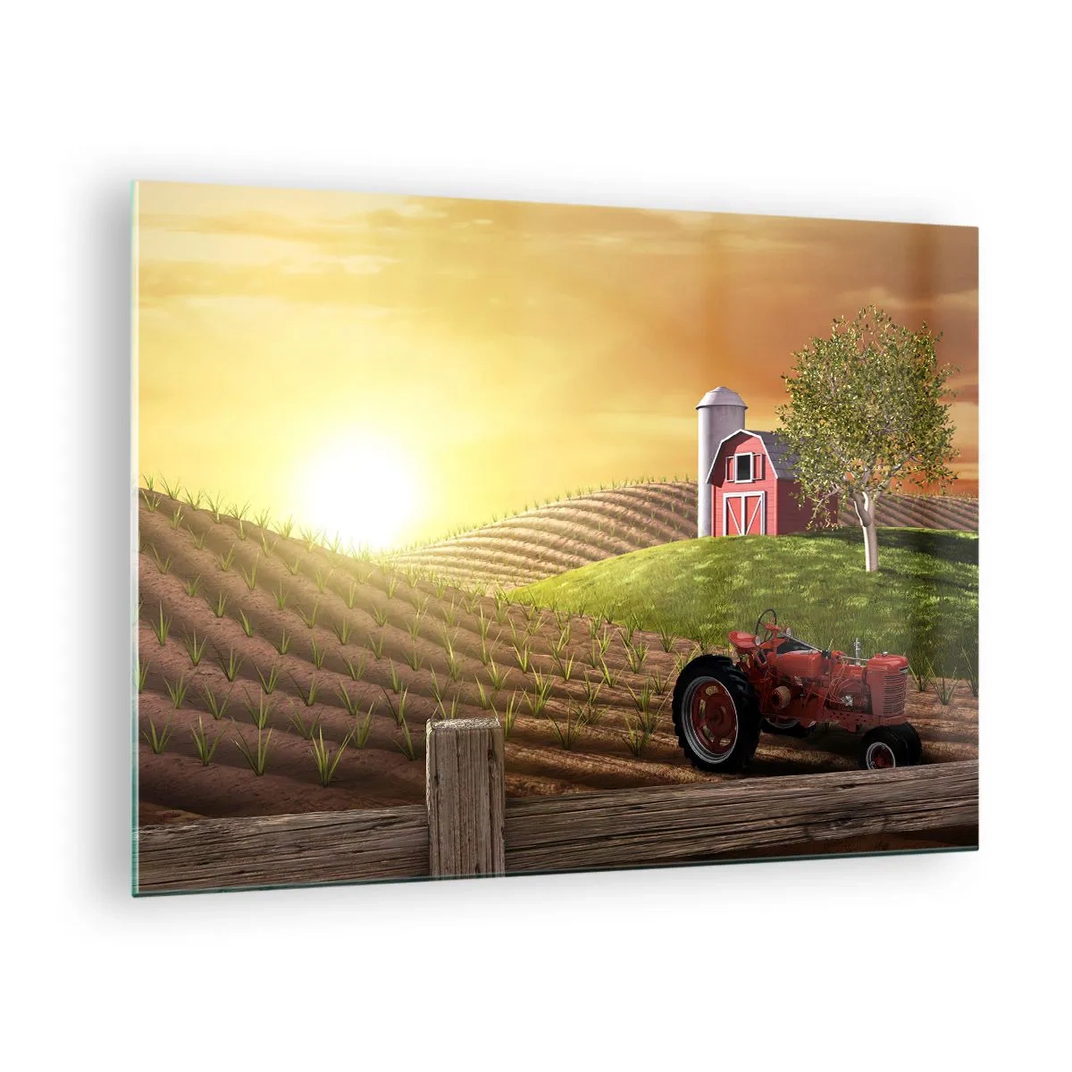 Glass picture - Sunset over a farm with a field and a tractor - 70x50cm - Farm Straight from a Tale - Modern wall decoration for the living room and bedroom ARTTOR