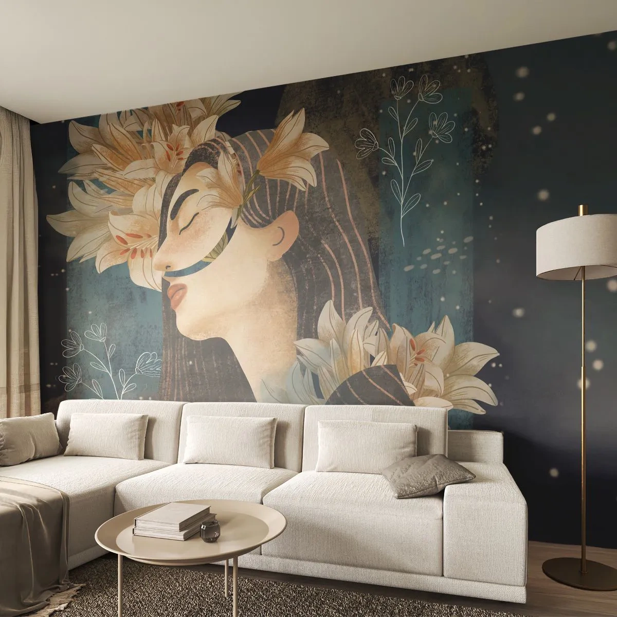 Self-Adhesive Photo Wallpaper Deluxe Sticker - Tale of a Queen with Lillies - Abstraction, Woman, Flowers - 100x70 cm