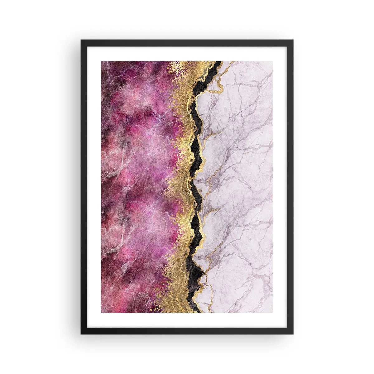 Poster in black frame - Abstraction with a marble pattern and gold accents - 50x70cm - On the Border - Modern wall decoration for the living room and bedroom ARTTOR